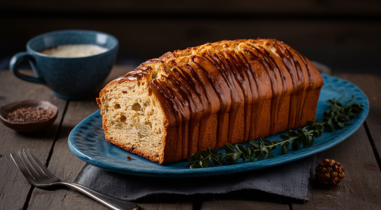 A freshly baked loaf of cottage cheese bread, sliced to reveal its soft texture, placed on a rustic wooden surface with a bowl of cottage cheese and a knife nearby